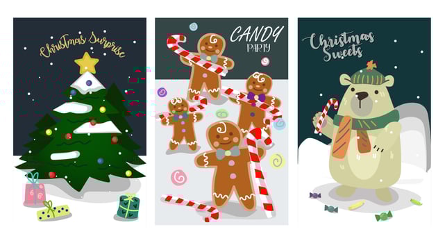 A set of cute Christmas cards. Postcards with Christmas motifs Santa Claus, bear, snowman, sleigh with gifts, Christmas tree, penguin, car with Christmas tree, house, gingerbread. Vector illustration
