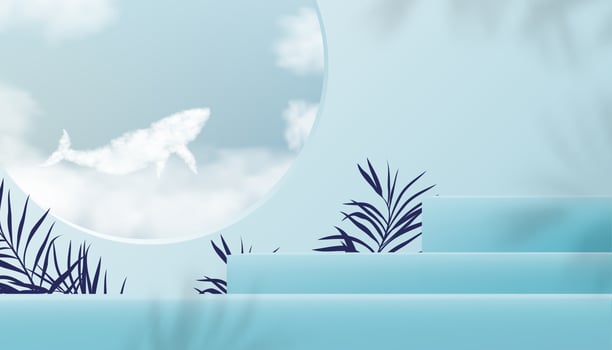 3D Display studio room with whale fluffy cloud on blue sky window, Vector backdrop banner stand step palm with palm leaf on blue wall background for Spring,Summer product presentation or sale