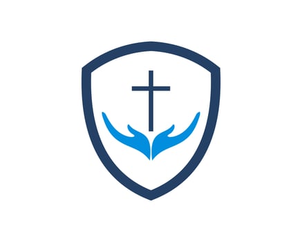 Simple protection shield with hand prayer and religion cross symbol inside vector