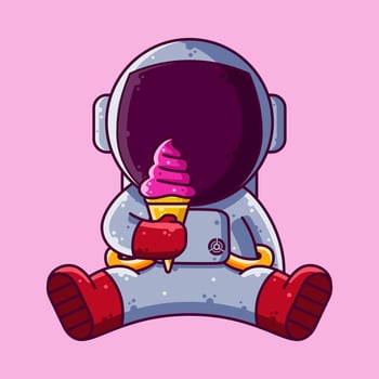 Cute Astronaut Eating Ice Cream Cartoon Vector Illustration. Cartoon Style Icon or Mascot Character Vector.