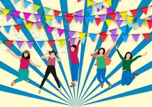 graphics drawing group woman jump with sunburst with flag and ribbon vector illustration
