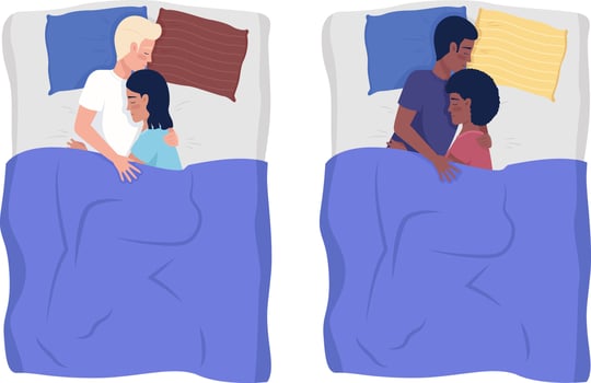 Happy couples sleeping in beds semi flat color vector characters set. Editable figures. Full body people on white. Simple cartoon style illustrations for web graphic design and animation collection