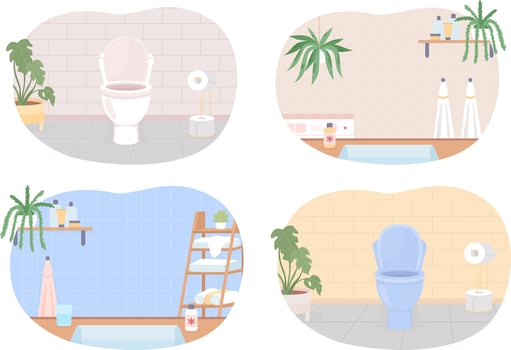 Bathrooms and water closets flat color vector illustrations set. Hygiene and sanitary. Home decor. Fully editable 2D simple cartoon interiors with ornate elements on background pack