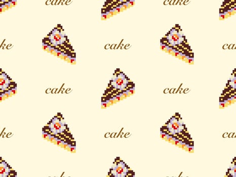 Cake cartoon character seamless pattern on yellow background. Pixel style vector