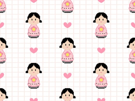 Girl cartoon character seamless pattern on pink background. Pixel style vector