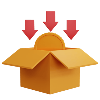 3d rendering open cardboard box with coins and down arrow isolated png