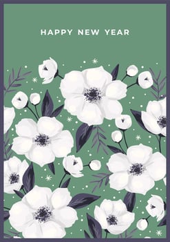 Christmas and Happy New Year illustration with white Christmas flowers. Trendy retro style. Vector design template.