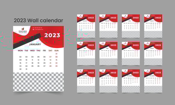 2023 Wall calendar template design  12 page planner week  starts on Monday vector