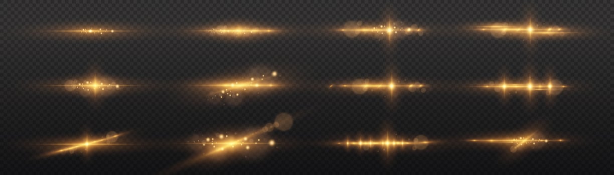 Shining star, sun particles and sparks with highlight effect, golden lights bokeh glitter and sequins. Golden light flare and sparkles set, vector. Effect glare, lines, yellow explosion. vector