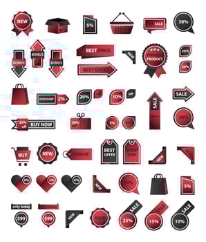 Vector stickers, price tag, banner, label. Coupon sale, offers and promotions vector template. Set of buttons, icons on the theme of shopping, commerce
