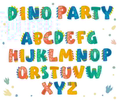 Playful dinosaurus themed alphabet for baby and kid events, prints, web purposes. vector