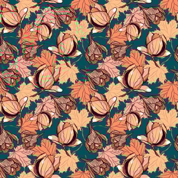 Seamless botanical pattern with magnolia flowers and autumn maple and oak leaves vector
