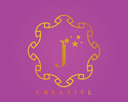 Creative design logo, alphabet J, 5 star letter, label, icon, for packaging, luxury product design. Made with gold on a light purple textured background. vector