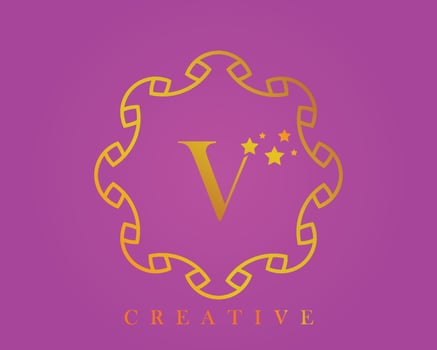 Creative design logo, alphabet V, 5 star letter, label, icon, for packaging, luxury product design. Made with gold on a light purple textured background. vector