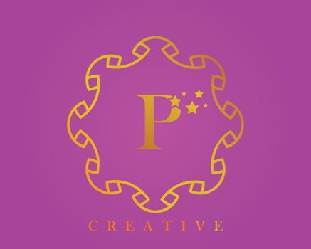 Creative design logo, alphabet P, 5 star letter, label, icon, for packaging, luxury product design. Made with gold on a light purple textured background. vector