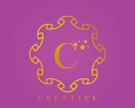 Creative design logo, alphabet C, 5 star letter, label, icon, for packaging, luxury product design. Made with gold on a light purple textured background. vector