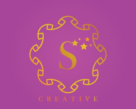 Creative design logo, alphabet S, 5 star letter, label, icon, for packaging, luxury product design. Made with gold on a light purple textured background. vector