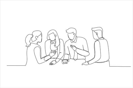 Drawing of businesspeople having meeting in office. Single line art style vector