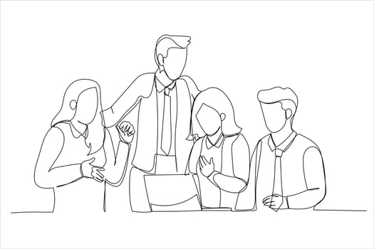 Illustration of diverse business team members having a discussion. One line art style vector
