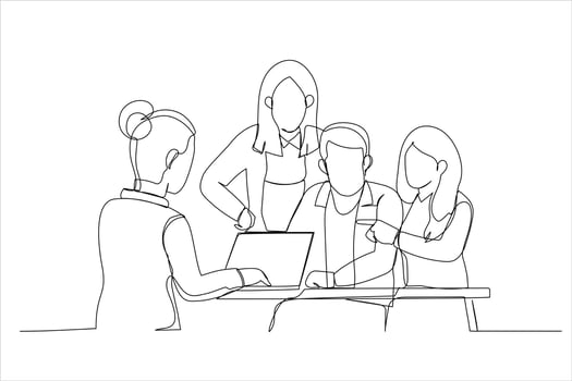 Drawing of business colleagues in team casual discussion, startup project business meeting. Single line art style vector