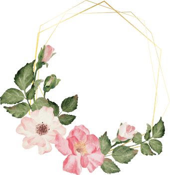 watercolor blooming rose branch flower bouquet wreath badge gold frame png
