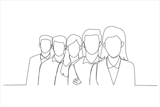 Cartoon of happy business team standing in a row at office. Single continuous line art style vector