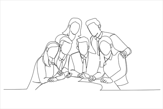 Illustration of business team posing grouped around manager. One line art style vector