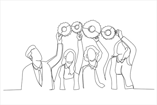 Drawing of colleagues connect cog gear find business solution. Happy employees workers hold cogwheel engaged in teamwork. Single line art style vector