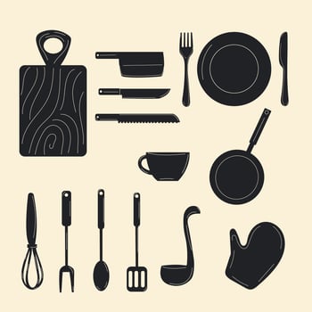 Kitchenware set. Vector kitchen utensils tools and equipment, cartoon cooking appliance. Vector cookware isolated set