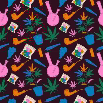 Medical Marijuana, smoking accessories. Glass bong for smoking weed, joint. Hemp leaves, oil. Cannabis and weed legalization concept. Hand drawn trendy Vector illustration. Square seamless Pattern