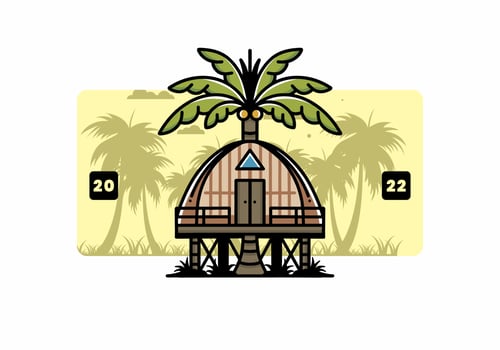 Wooden house with big coconut tree badge design vector