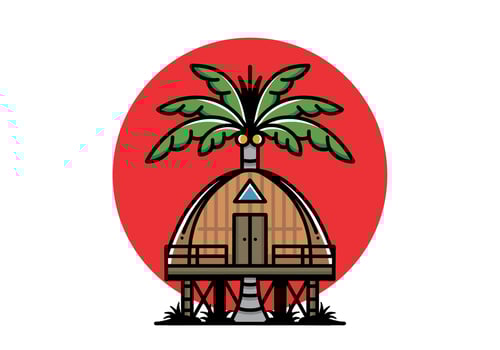 Wooden house with big coconut tree badge design vector