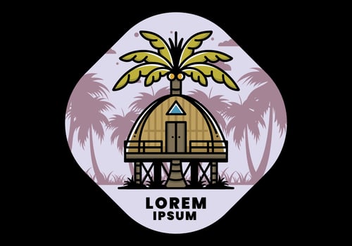 Wooden house with big coconut tree badge design vector