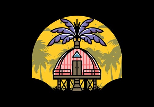 Wooden house with big coconut tree badge design vector