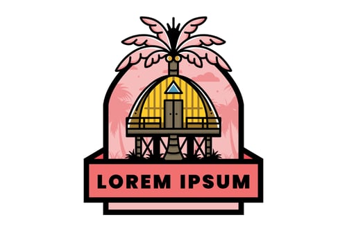 Wooden house with big coconut tree badge design vector