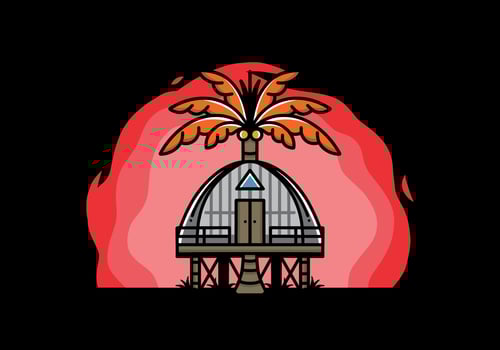 Wooden house with big coconut tree badge design vector