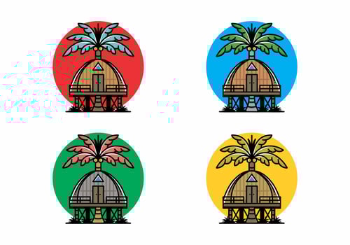 Wooden house with big coconut tree badge design vector