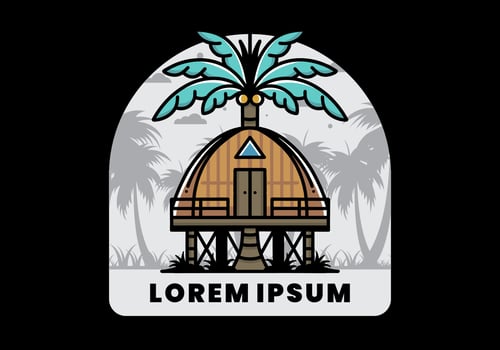 Wooden house with big coconut tree badge design vector