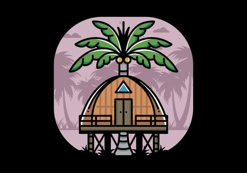 Wooden house with big coconut tree badge design vector