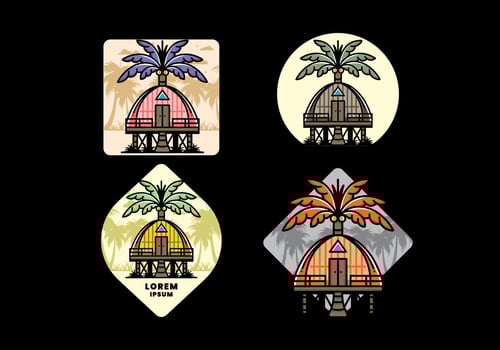 Wooden house with big coconut tree badge design vector