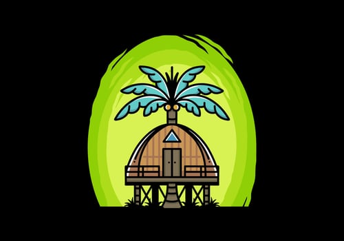 Wooden house with big coconut tree badge design vector