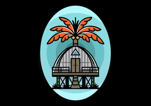 Wooden house with big coconut tree badge design vector