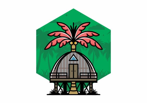 Wooden house with big coconut tree badge design vector