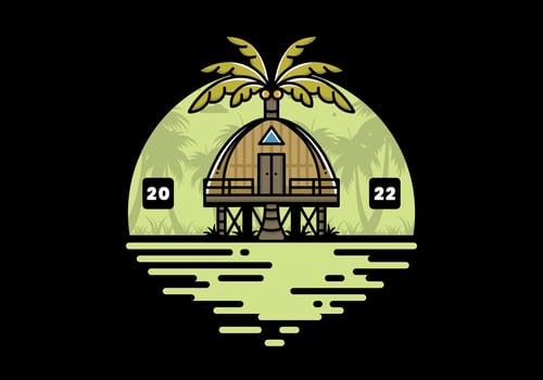 Wooden house with big coconut tree badge design vector