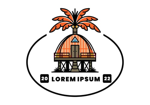 Wooden house with big coconut tree badge design vector