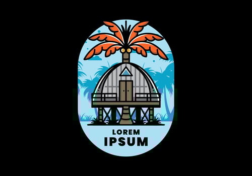 Wooden house with big coconut tree badge design vector