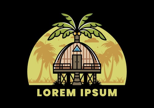 Wooden house with big coconut tree badge design vector