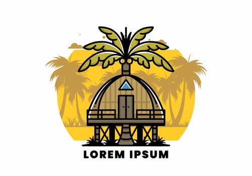 Wooden house with big coconut tree badge design vector