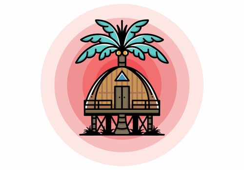 Wooden house with big coconut tree badge design vector