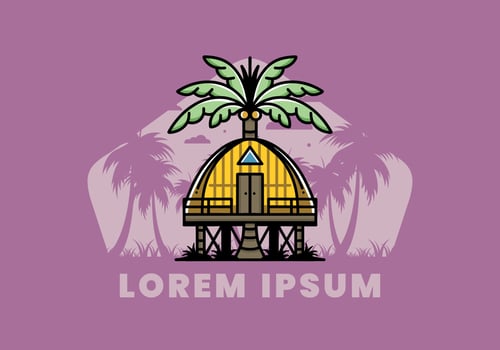 Wooden house with big coconut tree badge design vector
